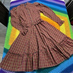 70's Vintage Candi Jones CA Red Green Yellow Plaid Western Prairie Midi Dress